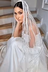 Amber Çizgisel Dantel İşlemeli Özel Tasarım Uzun Duvak - Mediha Cambaz Bridal