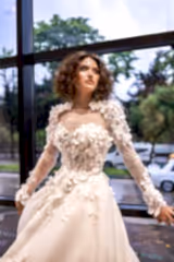 Flamenco Üç Boyut Çiçekli Portatif Uzun Kollu A Kesim Gelinlik - Mediha Cambaz Bridal
